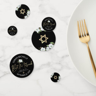 Bat Mitzvah Black Gold Script Floral Watercolor Konfetti
