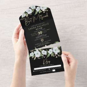 Bat Mitzvah Black Gold Script Watercolor Floral All In One Einladung