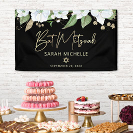 Bat Mitzvah Black Gold Script Watercolor Floral Banner