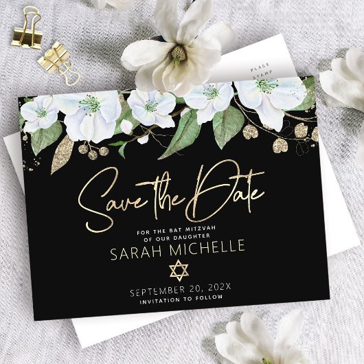 Bat Mitzvah Black Gold Script Watercolor Floral Einladungspostkarte