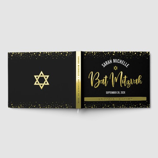 Bat Mitzvah Black Script Modern Real Gold Fossil Gästebuch (Voll)