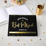 Bat Mitzvah Black Script Modern Real Gold Fossil Gästebuch<br><div class="desc">Lass dein Lieblings-Bat Mitzvah stolz sein, freuen und feiern ihren Meilenstein mit diesem atemberaubenden Sake Scrapbook reale Goldfolie Gästebuch. Auf der Vorderseite, atemberaubende, moderne, funkelnd, handgeschriebene Goldfolien, Stern von David und winzige Punkte überlagern einen dramatischen schwarzen Hintergrund. Die anpassbare Wirbelsäule ist reale Goldfolie. Und auf der Rückseite, zusätzliche reale Goldfolie...</div>