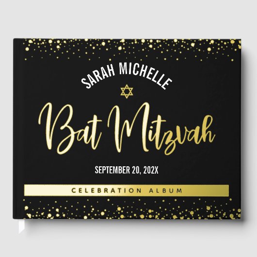 Bat Mitzvah Black Script Modern Real Gold Fossil Gästebuch (Vorderseite)
