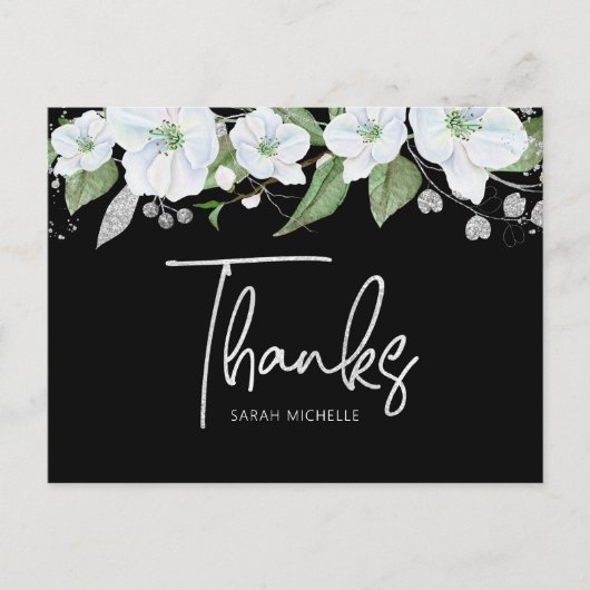 Bat Mitzvah Black Silver Script Floral Vielen Dank Postkarte (Vorderseite)