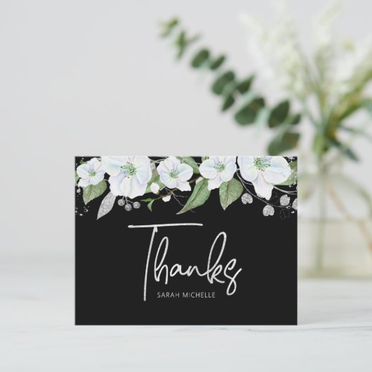 Bat Mitzvah Black Silver Script Floral Vielen Dank Postkarte (Stehend Vorderseite)