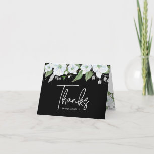 Bat Mitzvah Black Silver Script Floral Watercolor Dankeskarte