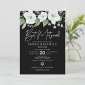 Bat Mitzvah Black Silver Script Floral Watercolor Einladung (Stehend Vorderseite)