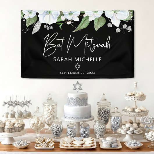 Bat Mitzvah Black Silver Script Watercolor Floral Banner