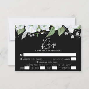 Bat Mitzvah Black Silver Script Watercolor Floral RSVP Karte