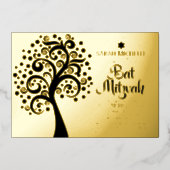 Bat Mitzvah Black Tree of Life Script Real Gold Folieneinladung (Vorderseite)