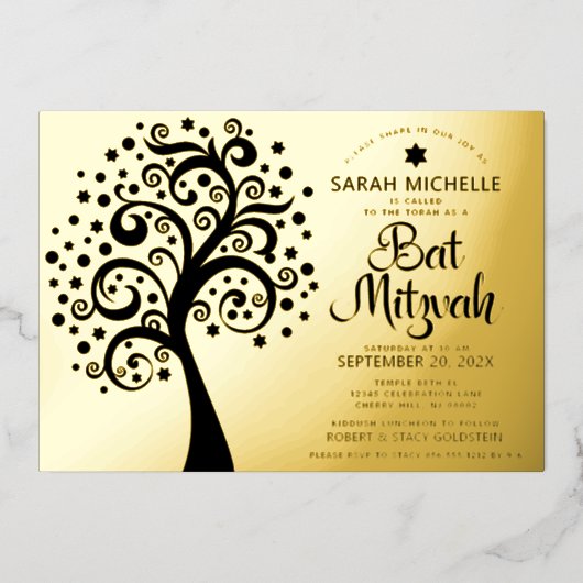 Bat Mitzvah Black Tree of Life Script Real Gold Folieneinladung (Vorderseite)