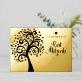 Bat Mitzvah Black Tree of Life Script Real Gold Folieneinladung (Stehend vorne)