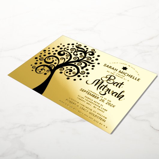 Bat Mitzvah Black Tree of Life Script Real Gold Folieneinladung (Gedreht)