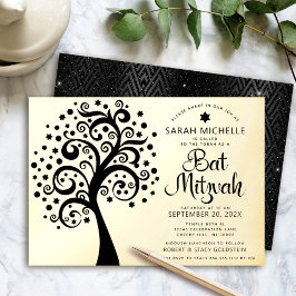Bat Mitzvah Black Tree of Life Script Real Gold Folieneinladung