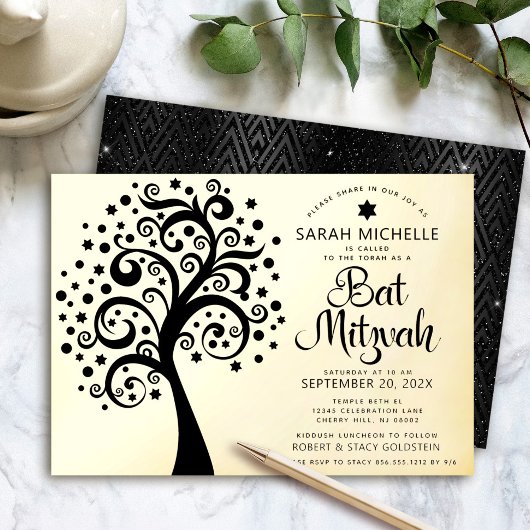 Bat Mitzvah Black Tree of Life Script Real Gold Folieneinladung