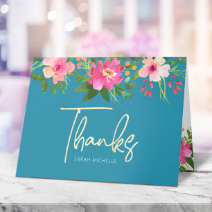 Bat Mitzvah Blau Gold Schrift Floral Wasserfarbe Dankeskarte
