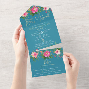 Bat Mitzvah Blau Gold Typ Floral Aquarell Party All In One Einladung