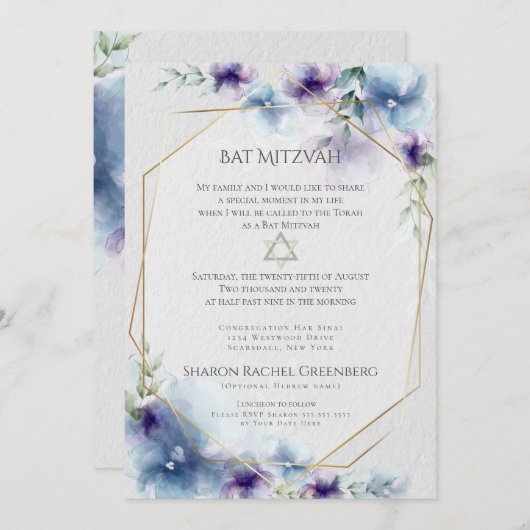 BAT MITZVAH | Blau und violett Wasserfarben Einladung (Vorne/Hinten)