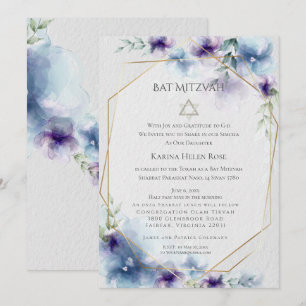 BAT MITZVAH   Blau und violett Wasserfarben Floral Einladung