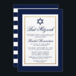 Bat Mitzvah Blau und weiße Streifen Einladung Gold<br><div class="desc">Bat Mitzvah Blue and Gold Einladungskarte - Rückstrich</div>