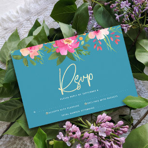 Bat Mitzvah Blau Wasserfarbe Floral Gold Schrift RSVP Karte