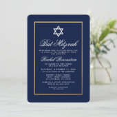 Bat Mitzvah Blue and Gold Einladung (Stehend Vorderseite)