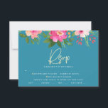 Bat Mitzvah Blue Floral Watercolor Gold Script RSVP Karte<br><div class="desc">Seien Sie stolz, freuen Sie sich und feiern Sie diesen Meilenstein Ihres Lieblings-Bat Mitzvah mit dieser raffinierten, personalisierten UAWG Insert-Karte für Ihre Veranstaltung! Eine atemberaubende, rosa und pfirsichfarbene Aquarellfarbe mit Imitaten, Goldfolien-Schrift-Typografie und modernen weißen Sans-Serifen überlagern einen staubigen, türkisfarbenen, aquamarin blauen Hintergrund. Zusätzliche Aquarellfarben-Blume und ein goldener Stern von David...</div>