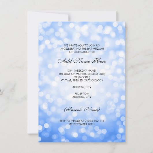 Bat Mitzvah Blue Glitzer Lights Einladung (Vorderseite)