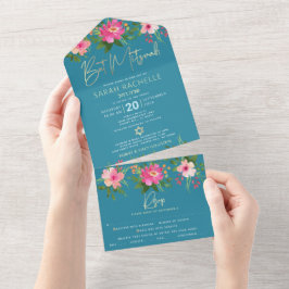 Bat Mitzvah Blue Gold Typ Floral Watercolor Party All In One Einladung