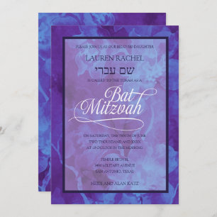 Bat Mitzvah Blue Lila Watercolor Blume Einladung