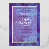 Bat Mitzvah Blue Lila Watercolor Blume Folieneinladung (Vorderseite)