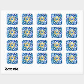 Bat Mitzvah Blue Medley Watercolor Star Damask Quadratischer Aufkleber (Blatt)