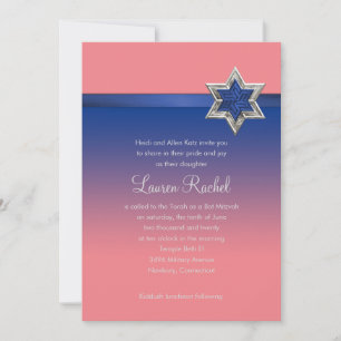 Bat Mitzvah Blue Ombre Ribbon und Star Einladung