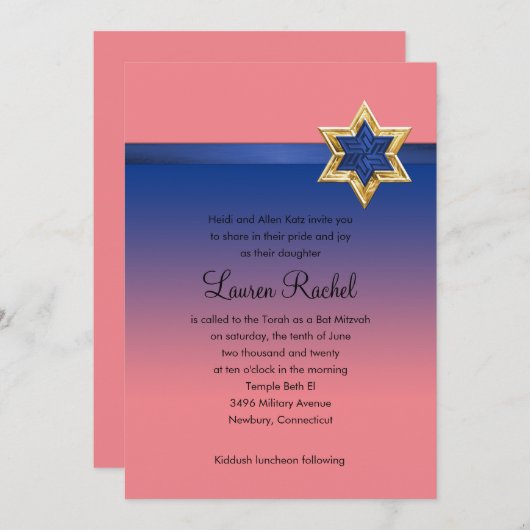 Bat Mitzvah Blue Ombre Ribbon und Star Einladung (Vorne/Hinten)