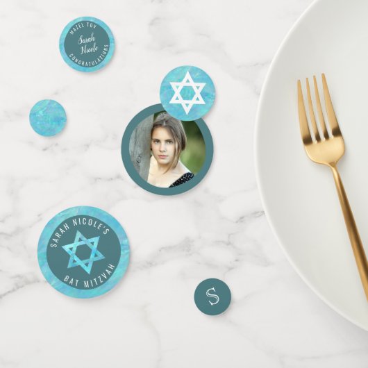 Bat Mitzvah Blue Opal Imitats Wasserfarben Foto Konfetti (Gruppe)