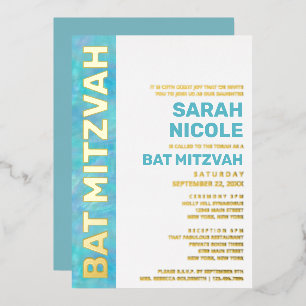 Bat Mitzvah Blue Opal Moderne Typografie Gold Folieneinladung