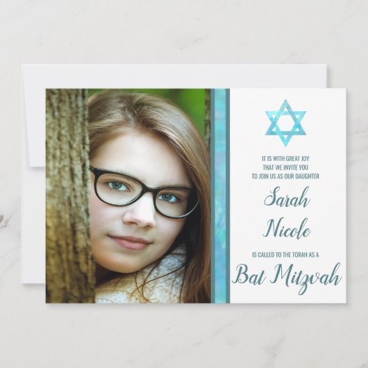 Bat Mitzvah Blue Opal Modernes Foto Chic Stilvoll Einladung (Vorderseite)