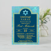 Bat Mitzvah Blue Opal Star von David Glam Gold Folieneinladung (Stehend vorne)