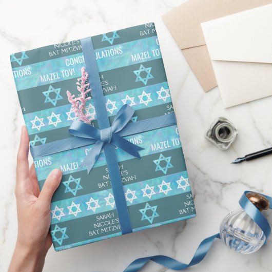 Bat Mitzvah Blue Opal Stilvolles Streifenmuster Geschenkpapier (Schenken)