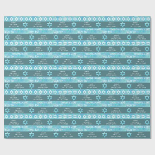 Bat Mitzvah Blue Opal Stilvolles Streifenmuster Geschenkpapier (Flach)