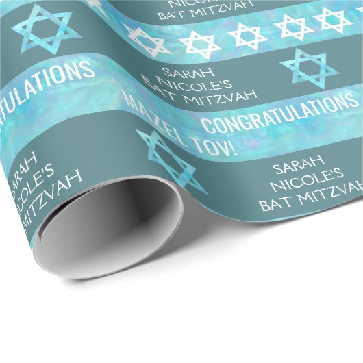 Bat Mitzvah Blue Opal Stilvolles Streifenmuster Geschenkpapier (Rolleneckpunkt)