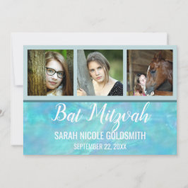 Bat Mitzvah Blue Opal Wasserfarbe Foto Collage Einladung