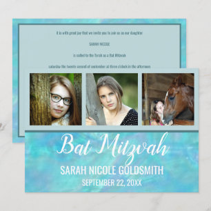 Bat Mitzvah Blue Opal Wasserfarbe Foto Collage Einladung