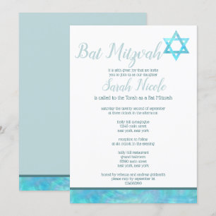 Bat Mitzvah Blue Opal Watercolor Chic Elegante Einladung