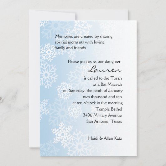 Bat Mitzvah Blue Snowflakes Einladung (Vorderseite)