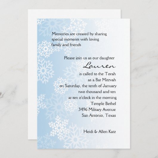 Bat Mitzvah Blue Snowflakes Einladung (Vorne/Hinten)