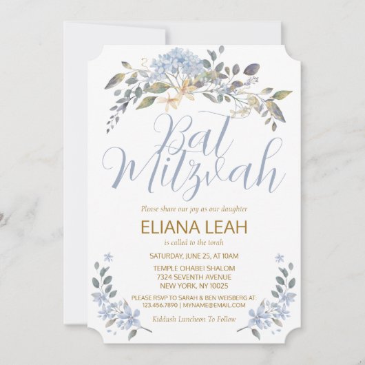 Bat Mitzvah Blue Watercolor Floral Einladung (Vorderseite)