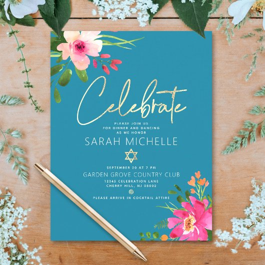 Bat Mitzvah Blue Watercolor Floral Gold Script Begleitkarte