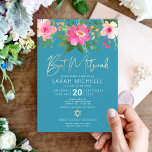 Bat Mitzvah Blue Watercolor Floral Gold Script Einladung<br><div class="desc">Seien Sie stolz, freuen Sie sich und präsentieren Sie diesen Meilenstein Ihres Lieblings-Bat Mitzvah mit dieser raffinierten, personalisierten Einladung! Eine schicke, atemberaubende, pinkfarbene und pfirsichfarbene Aquarellfarbe mit Imitaten, Goldfolien-Schrift Typografie und modernen weißen Sans Serifenprägung überlagern einen staubigen, türkisfarbenen aquamarin blauen Hintergrund. Personalisieren Sie den benutzerdefinierten Text mit dem Namen, Datum...</div>