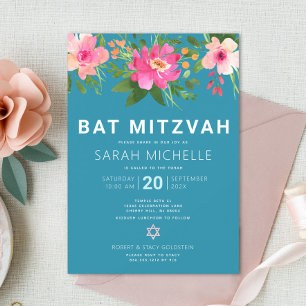 Bat Mitzvah Blue Watercolor Floral Modern Einladung